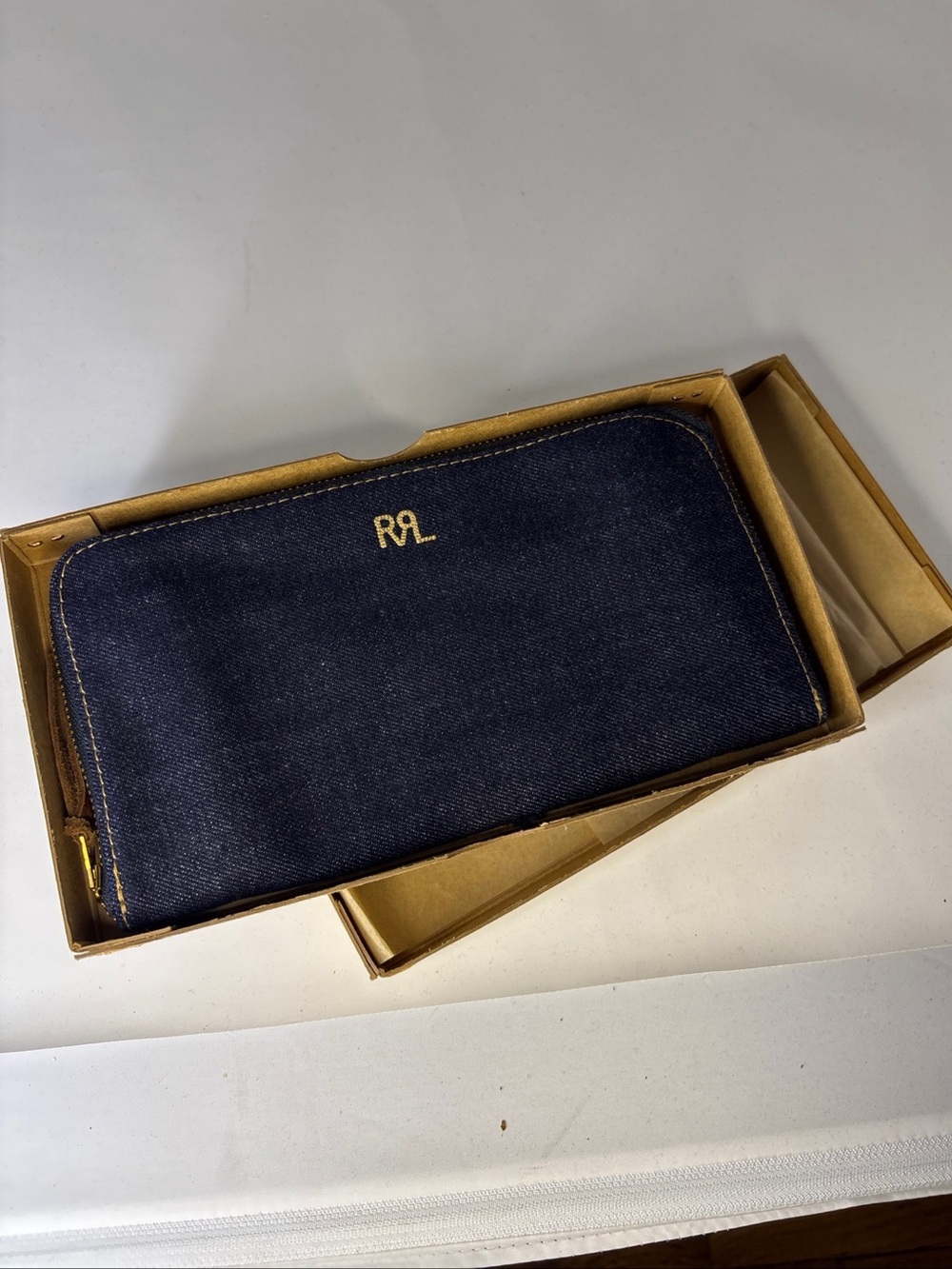 Ralph Lauren Double RL indigo Denim Wallet - Dark Blue and Brown